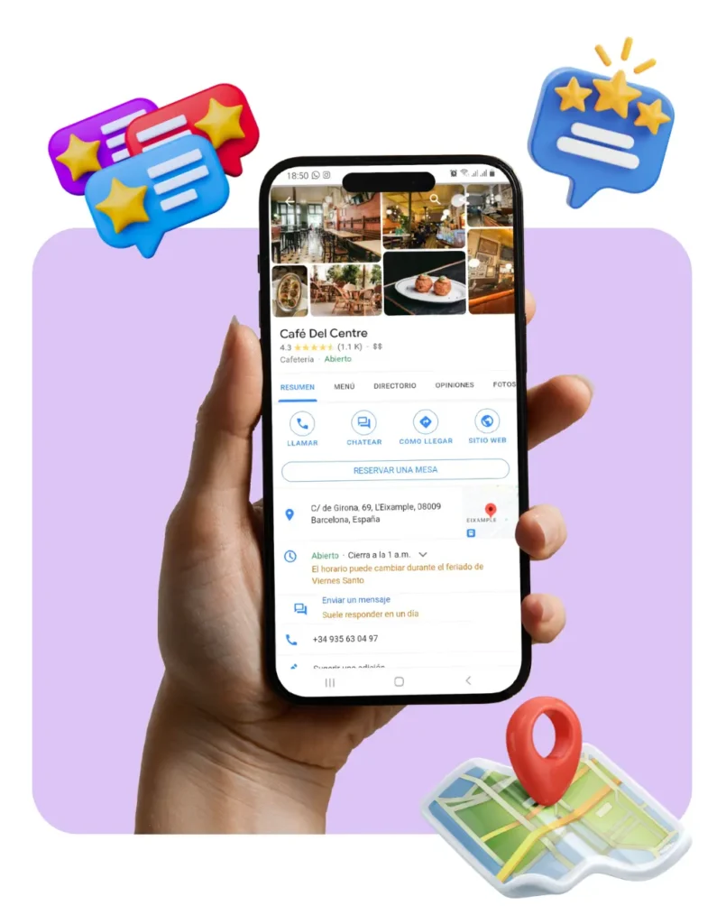 Se muestra la pantalla de un smartphone con el Perfil de Negocio en Google de un negocio local